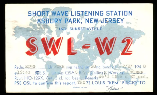 1 x QSL Card Radio USA SWL-W2 1948 Asbury Park NJ – Louis Pisciotto ≠ A819