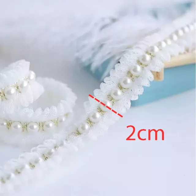 White Chiffon Pleats Lace Mesh Fabric Needlework Ribbon Faux Pearl Bead Trimming