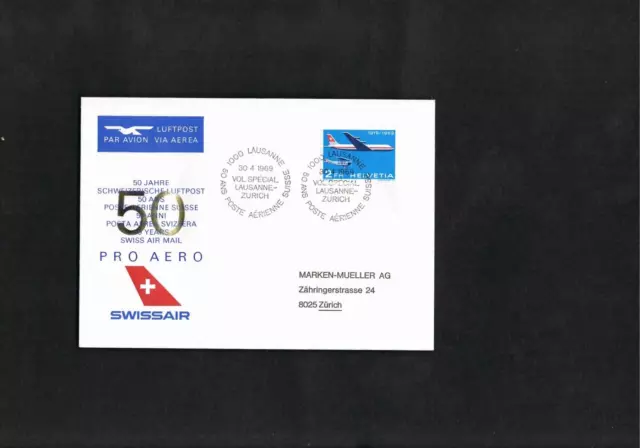 Schweiz-Beleg Mi.Nr. 899 " 50 Jahre Luftpostverkehr "30.4.69 Lausanne - selten !