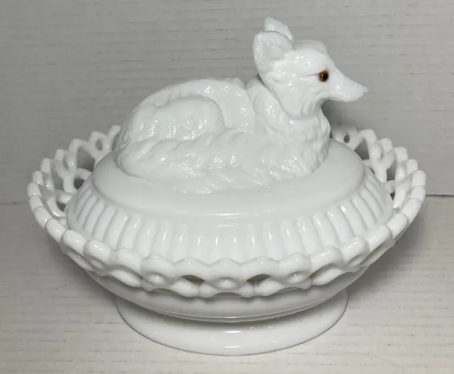 Westmoreland Milk Glass Fox Covered Dish Glass Eyes Lacy Base Vintage