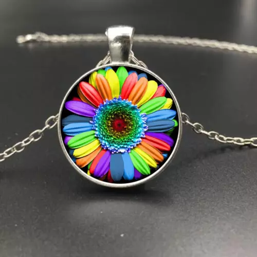 DAISY FLOWER COLORFUL RAINBOW PRIDE sterling Silver Necklace Pendant gold bag