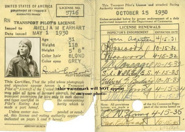 1930 Amelia Earhart Pilot's License PHOTO,No Joke! Autograph  / Signature Shown