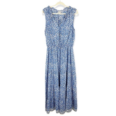 Max Studio Blue Floral Sleeveless Tiered Maxi Dress Tie Neck Size XL
