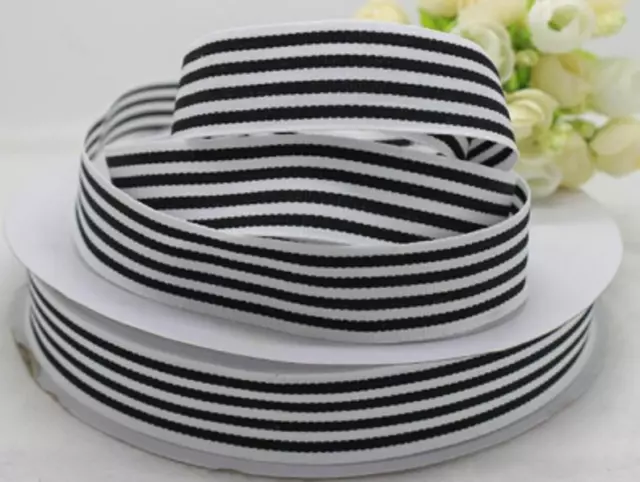 1m Black and White Stripe Pencil Elastic Double Sided Ribbon 1" 25mm wide