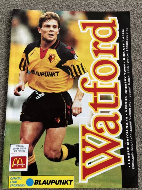 Watford v Grimsby Town 1993/4 Div 1 Good Condition Football Programme