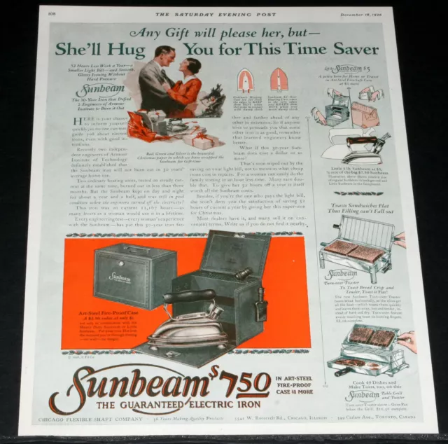 1926 Old Magazine Print Ad, Sunbeam Electric Iron, She'll Hug You, Christmas!