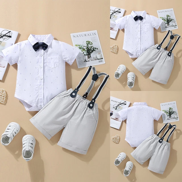 2 Piece Baby Boy Gentlemen Outfits Romper Tops Dungaree Pants Summer Clothes Set