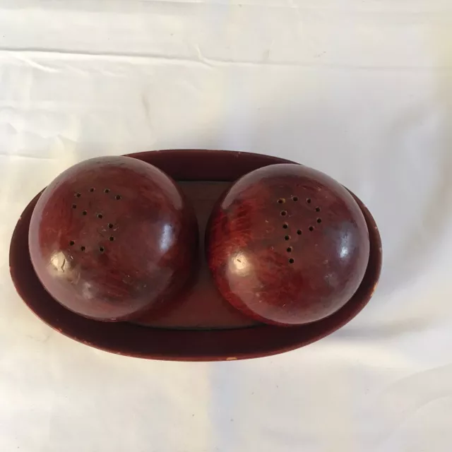 VTG Chinese / Japanese Carved Burl Wood Salt & Pepper Shaker w/ Lacquered Tray