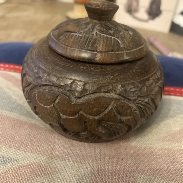 Wooden Carved Trinket / Tobacco Pot with Lid Elephant Design African Vintage
