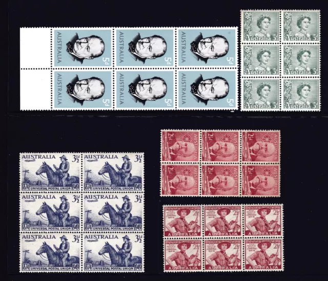 1948-65 Five Blocks 6 Australian Pre-Decimal Stamps Muh #P320