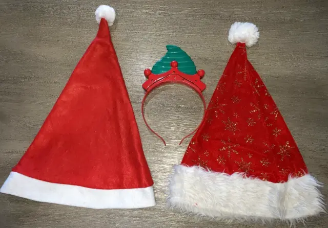 2 Santa Hats Christmas Boys Girls 1 Gold Sparkle Snowflakes Elf Headband Lights