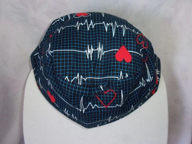 Surgical Caps/Scrub Caps/Sweat Band/Medical/Heart Beat Pattern/Ties/Blue/Red/New