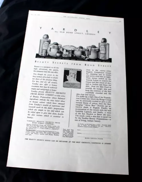 1935 Print Advert YARDLEY 'BEAUTY SECRETS FROM BOND STREET' 14.5" x 9"