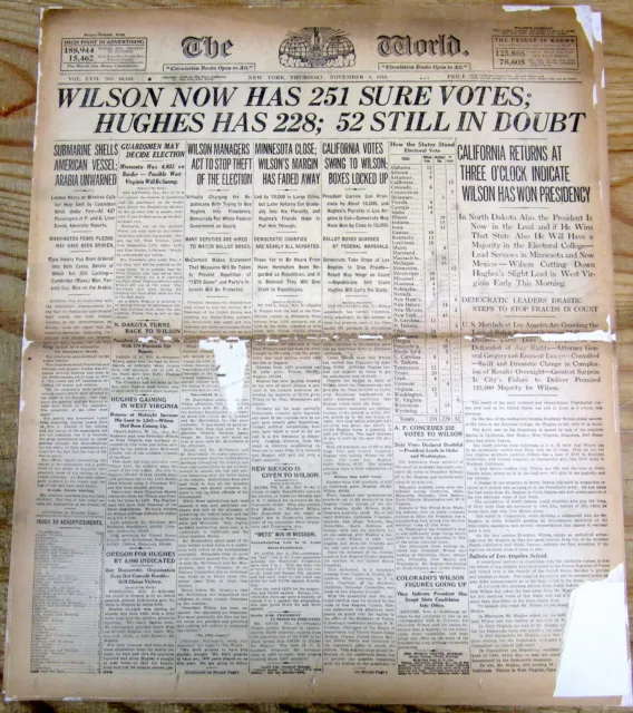 3 1916 newspapers CHARLES HUGHES v WOODROW WILSON disputed PRESIDENTIAL ELECTION