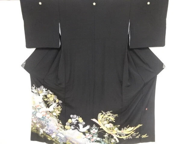 83212# Japanese Kimono / Antique Tomesode / Embroidery / Cranes & Flower / A
