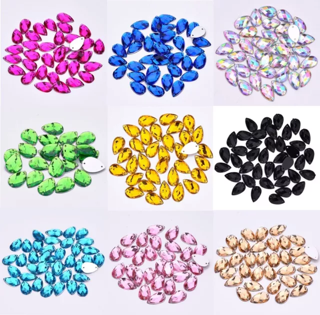 100 Flat Back Acrylic Rhinestone Teardrop Faceted Sew On 8x13mm, 13x 18mm   1466