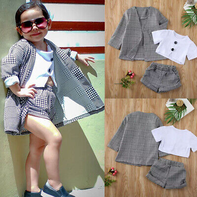 Toddler Baby Girl Short Sleeve Button Tank Top Plaid Shorts Coat Jacket Outfits