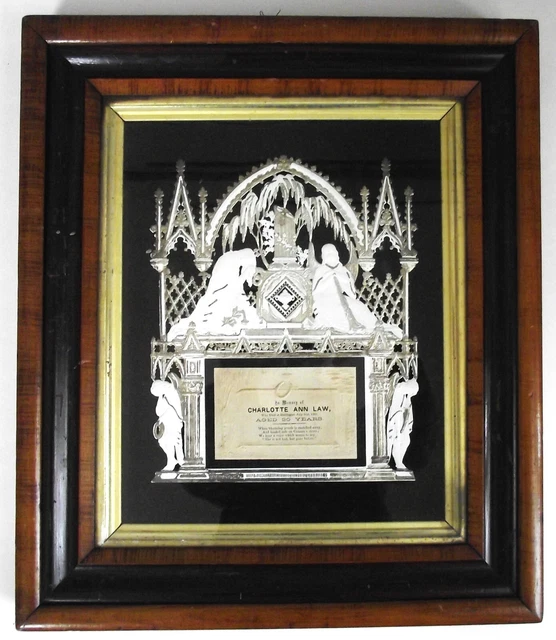 ANTIQUE 1865 VICTORIAN MOURNING CARD Funeral Memorial CUT PAPER TIGER WOOD FRAME