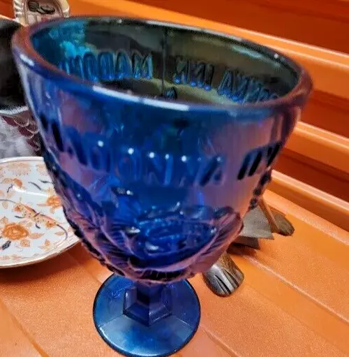 Madonna Inn Goblet Fenton L.G. Wright Wild Rose Medium Dark Blue 6.5"