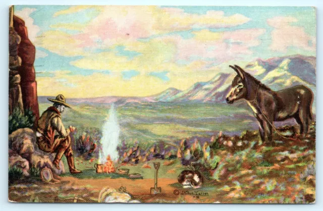 POSTCARD L H Dude Larsen Painting Cowboy by a Campfire Mule Mountain View Linen