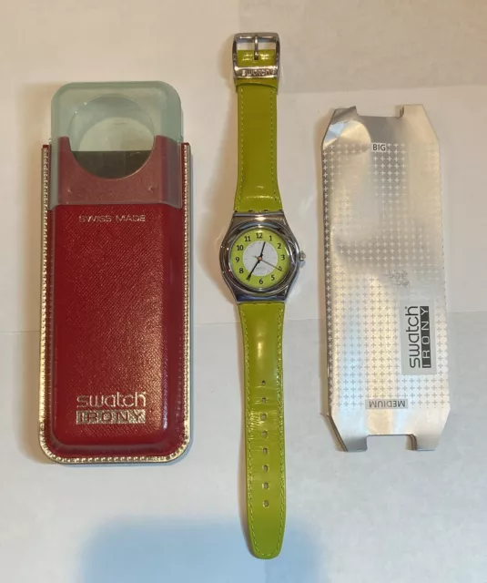 Swatch Irony Watch, Spieglein, YLS101, NEW, Leather Band, Swiss Made