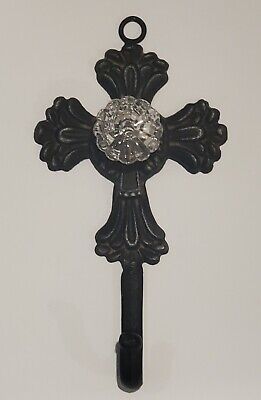 Ornate Decorative Cross Wall Hook & Glass Knob Coat Hat Hanger Wrought Iron VTG