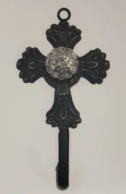 Ornate Decorative Cross Wall Hook & Glass Knob Coat Hat Hanger Wrought Iron VTG