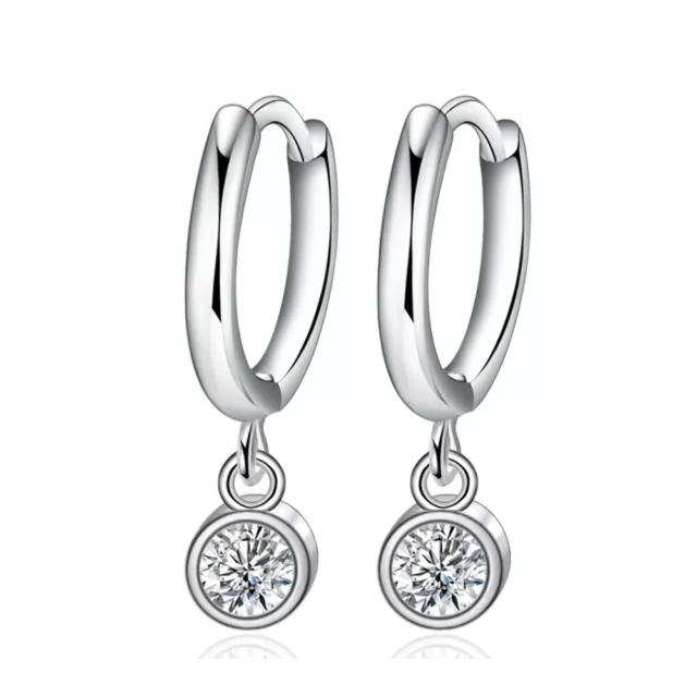 925 Sterling Silver Hoop Huggie Earrings Round Zircon Dangle Womens Jewelry Gift