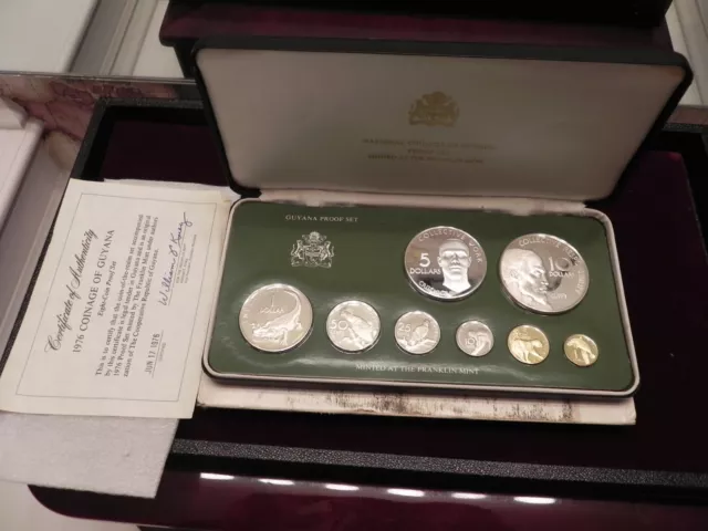 1976 Coinage Of Guyana Franklin Mint Sterling Silver 8-Coin Proof Set w/ COA-FM