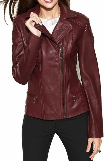 Cool Women's Genuine Lambskin Leather Jacket Soft Biker Coat Burgundy Motorcycle