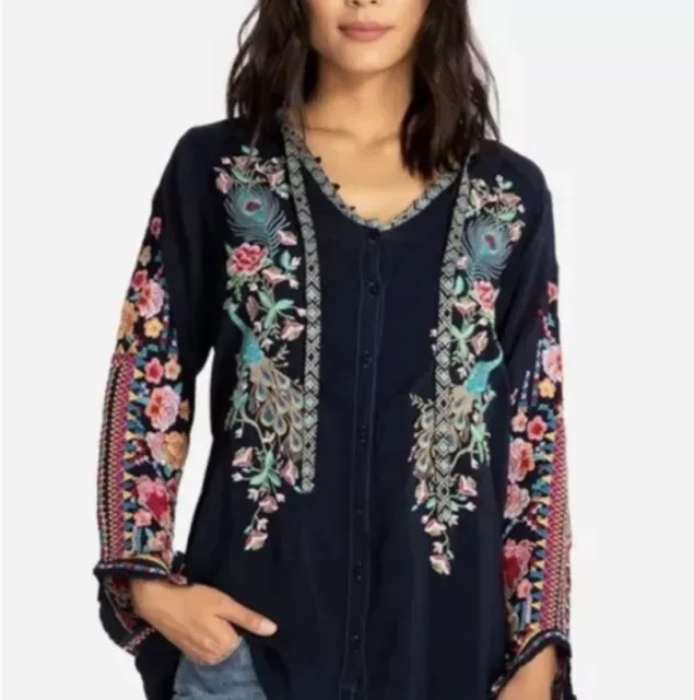 Johnny Was XXL Art to Wear Floral Embroidered Peacock Sable Blouse Tunic Top 2