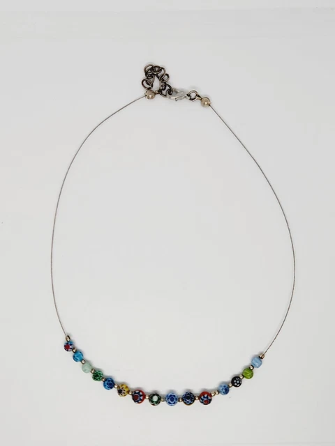 VTG Millefiori Glass Necklace Multicolor Beads Memory Wire Rainbow Floral Dainty