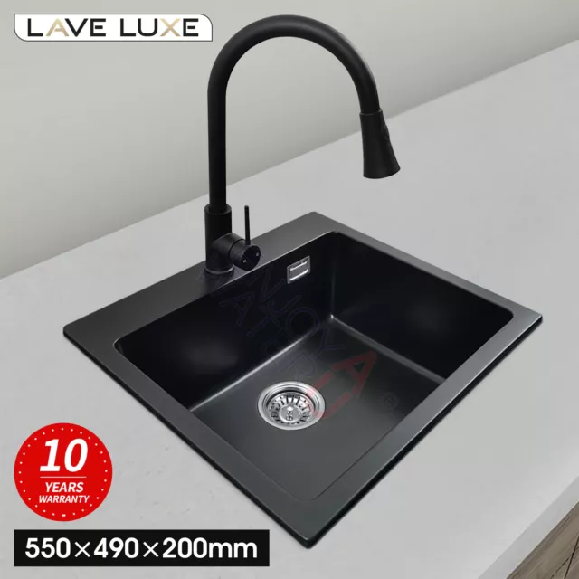 Black Granite Stone Single Bowl Overflow Kitchen Sink Under Drop In Mount Basin