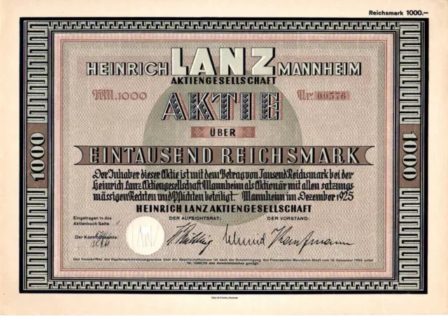 TOP: Gründer-Aktie HEINRICH LANZ 1925  BULLDOG MANNHEIM