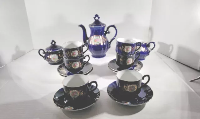 Vntg Chocolate Pot  & 6 Cups/Saucers Creamer/Sugar Cobalt Blue Pink Roses 1950's