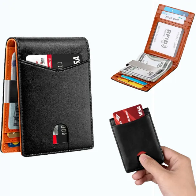 RFID Blocking Men's Slim Wallet Genuine Leather Pocket Purse Billfold Money Clip
