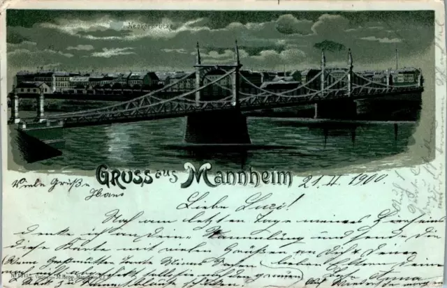 MONDSCHEIN LITHO GRUß AUS MANNHEIM NECKARBRÜCKE 1900 BADEN WÜRTTEMBERG