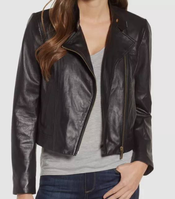 $250 Michael Kors Women's Black Zip-Up Genuine Leather Moto Coat Jacket Size XL