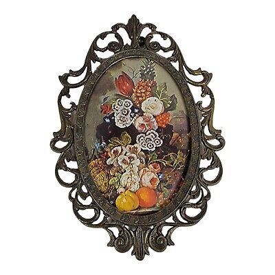 Vintage Brass Oval Ornate Convex Flowers Picture Frame Made Italy 8"x6" Floral