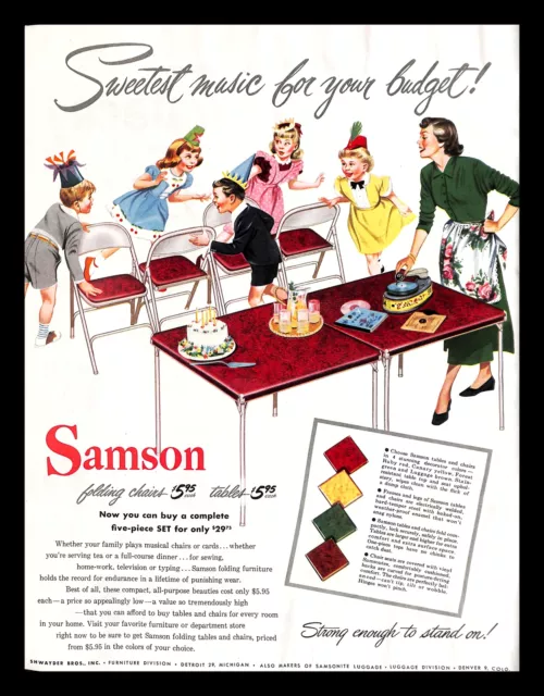 1949 Samson Folding Chairs Tables Vintage PRINT AD Children Birthday Party Music