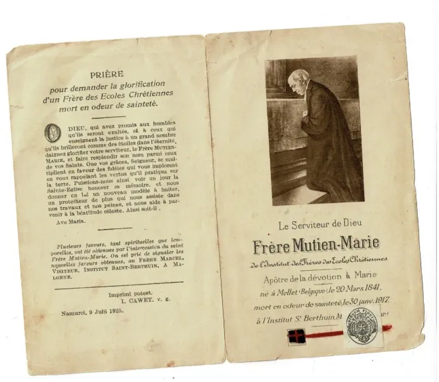 Frere MUTIEN - MARIE authentifizierte Novene Broschüre 4 Seiten Relikt seiner Cope