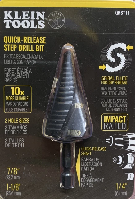 KLEIN TOOLS QRST11 Quick-Release Step Drill SPIRAL FLUTE 7/8 to 1-1/8-Inch