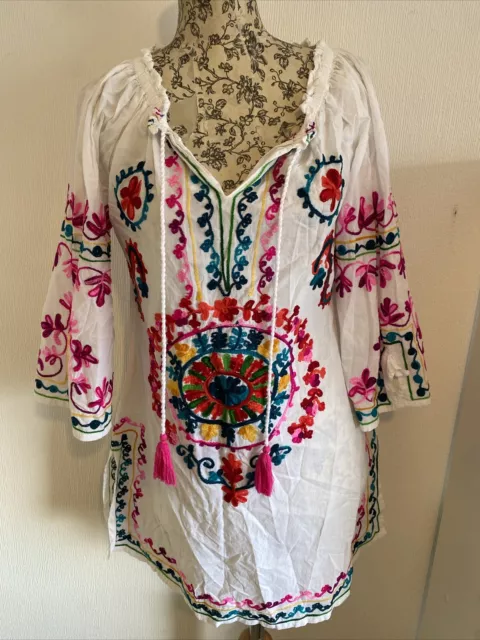 Ladies Primark size S 10/12 white cotton embroidered tunic top Boho Holiday 🩷💙