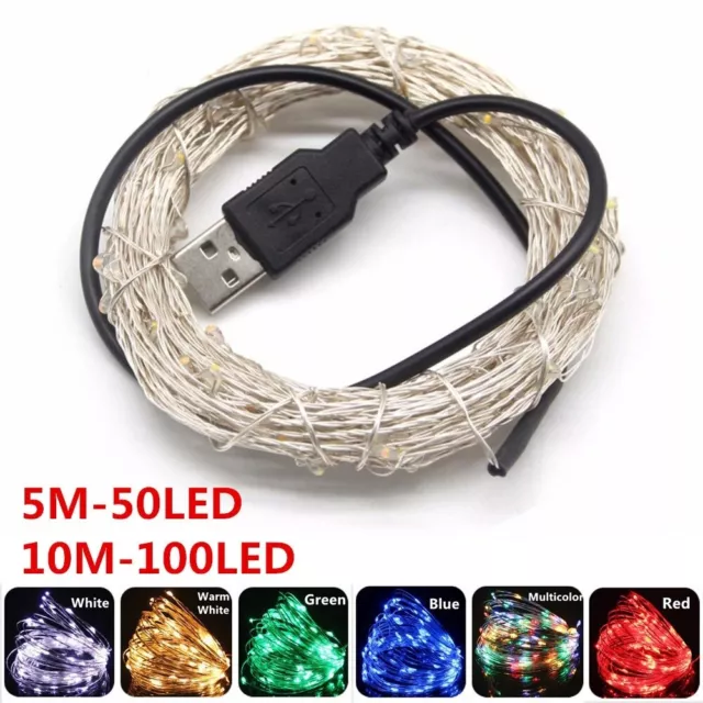 5/10M USB Connector LED Silver Wire String Fairy Lights Strip Lamp Party Decor