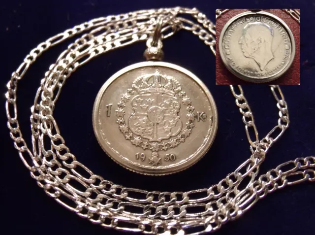 1950 SWEDEN SILVER COAT OF ARMS KRONA COIN on a  26" 925 Silver Link Style Chain