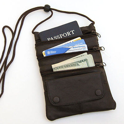Black Genuine leather ID Travel Bag Neck Strap Lanyard Passport Holder 3
