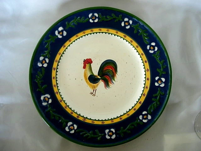 Hand Painted Rooster Ceramic 12 3/8" Plate/Platter - Cobalt Blue Rim w/Daisies