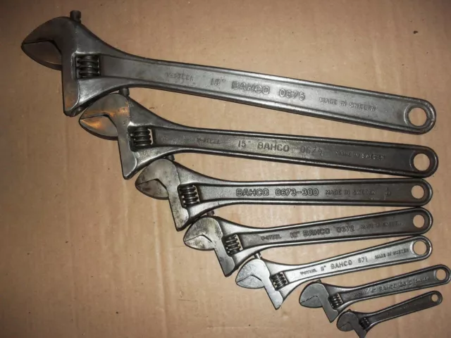 Bahco Adjustable Wrenches-Sizes;18" &15" &12" &10" & 8" & 6" & 4" Made In Sweden