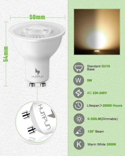 Humpun GU10 LED Glühbirnen, dimmbar warmweiß 3000K Glühbirne 5W 350LM, 50W... 3