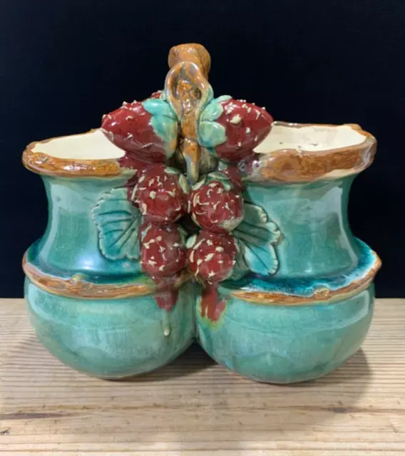 Vintage Art Pottery Studio Double Vase Handle Glazed Majolica Signed